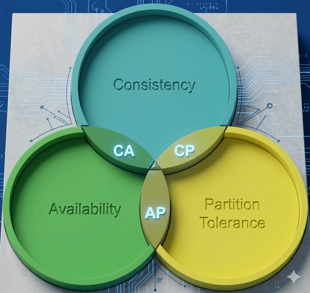 A 3D top-down visualization of the CAP theorem Venn diagram featuring three overlapping circles for Consistency, Availability, and Partition Tolerance with glowing labels for CA, CP, and AP against a blue circuit-board background.