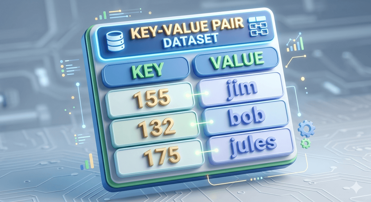 A 3D infographic presented as a stylized spreadsheet with two columns labeled KEY and VALUE, containing pairs for 155-jim, 132-bob, and 175-jules set against a blue circuit board background.