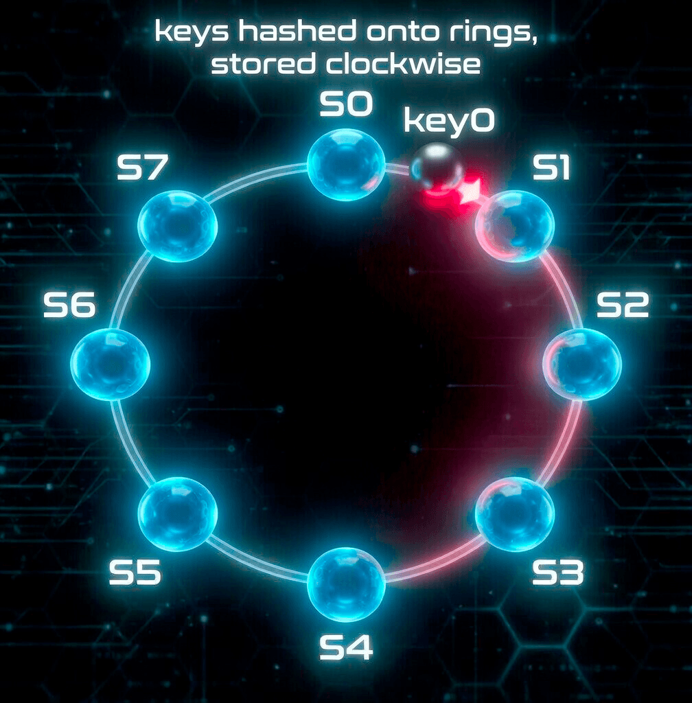 A digital illustration shows eight nodes labeled S0 through S7 arranged in a circle, with an arrow pointing from S0 to S1 and text stating that data is assigned to the nearest node.