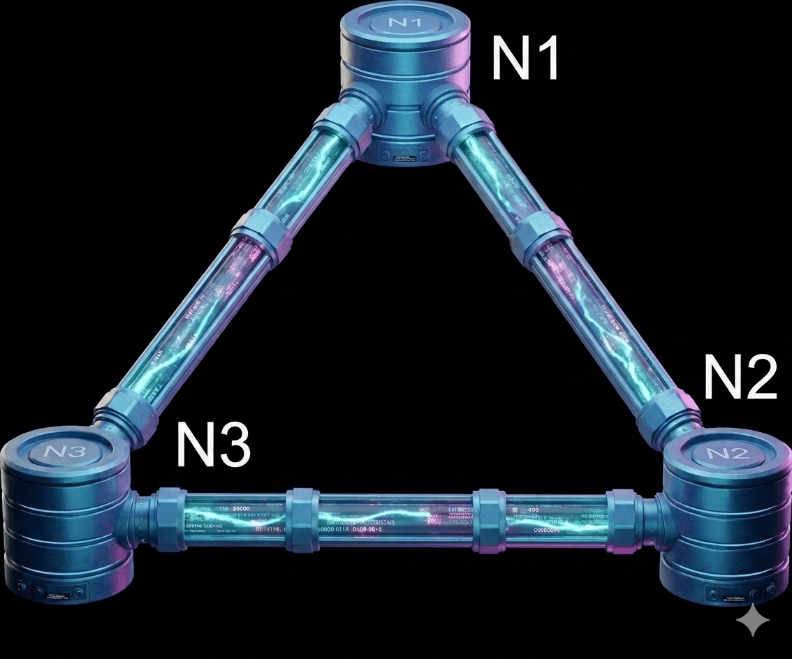 A 3D diagram shows three metallic blue database nodes arranged in a triangle, labeled N1, N2, and N3, connected by glowing digital tubes on a black background.