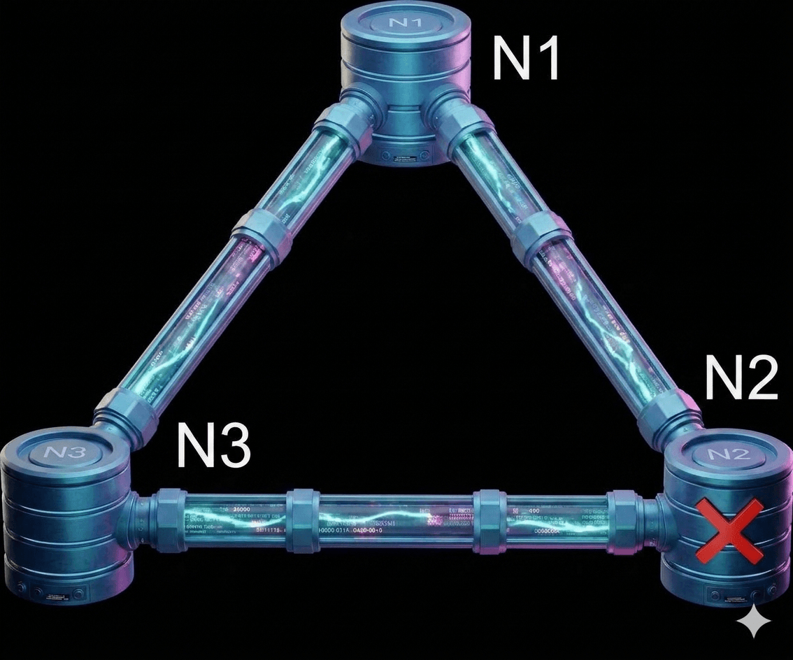 A 3D diagram shows three metallic blue database nodes labeled N1, N2, and N3 in a triangle, with a large red X over the bottom right node N2 to indicate an error or offline status.