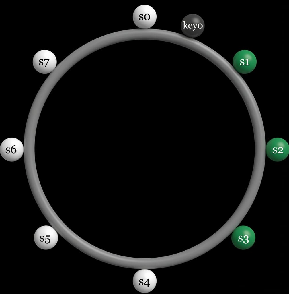 A circular gray ring features eight labeled spheres—S0 through S7—distributed evenly around its perimeter, with S1, S2, and S3 colored green, while the others are white and a small black sphere labeled key0 sits between S0 and S1.