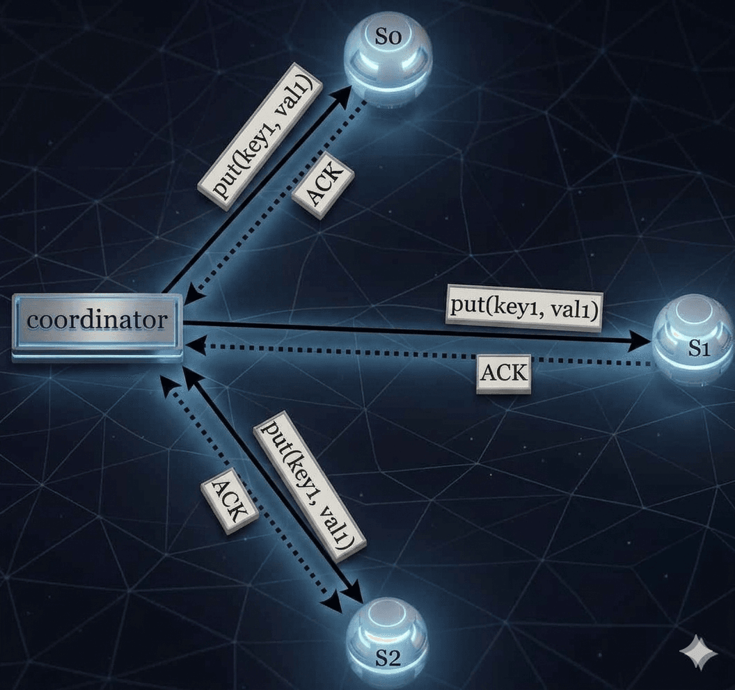 Diagram showing a coordinator node sending put commands for key1 and val1 to three server nodes, S0, S1, and S2, which all respond with acknowledgment messages.
