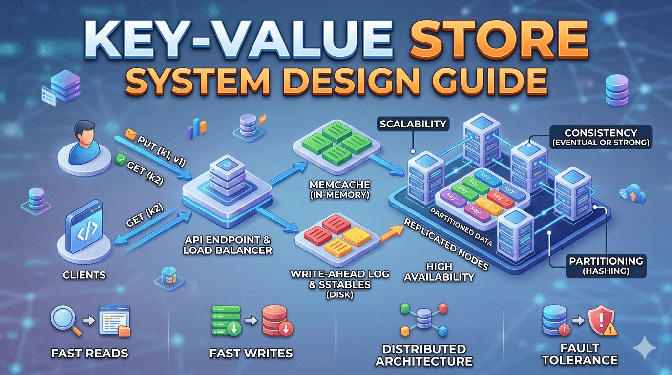 An isometric 3D infographic title card displays Key-Value Store System Design Guide in large, bold text above a detailed architectural diagram of data flowing from clients to servers and replicated storage nodes. The layout uses blue and orange accents to highlight technical components like API endpoints, memcache, and partitioned data while illustrating core concepts like scalability and fault tolerance.