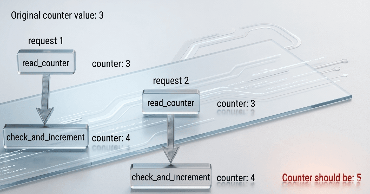 This 3D infographic illustrates a race condition where two concurrent requests read an original counter value of 3 at the same time. Because they both process the increment simultaneously, they both incorrectly output a value of 4 instead of the expected 5.