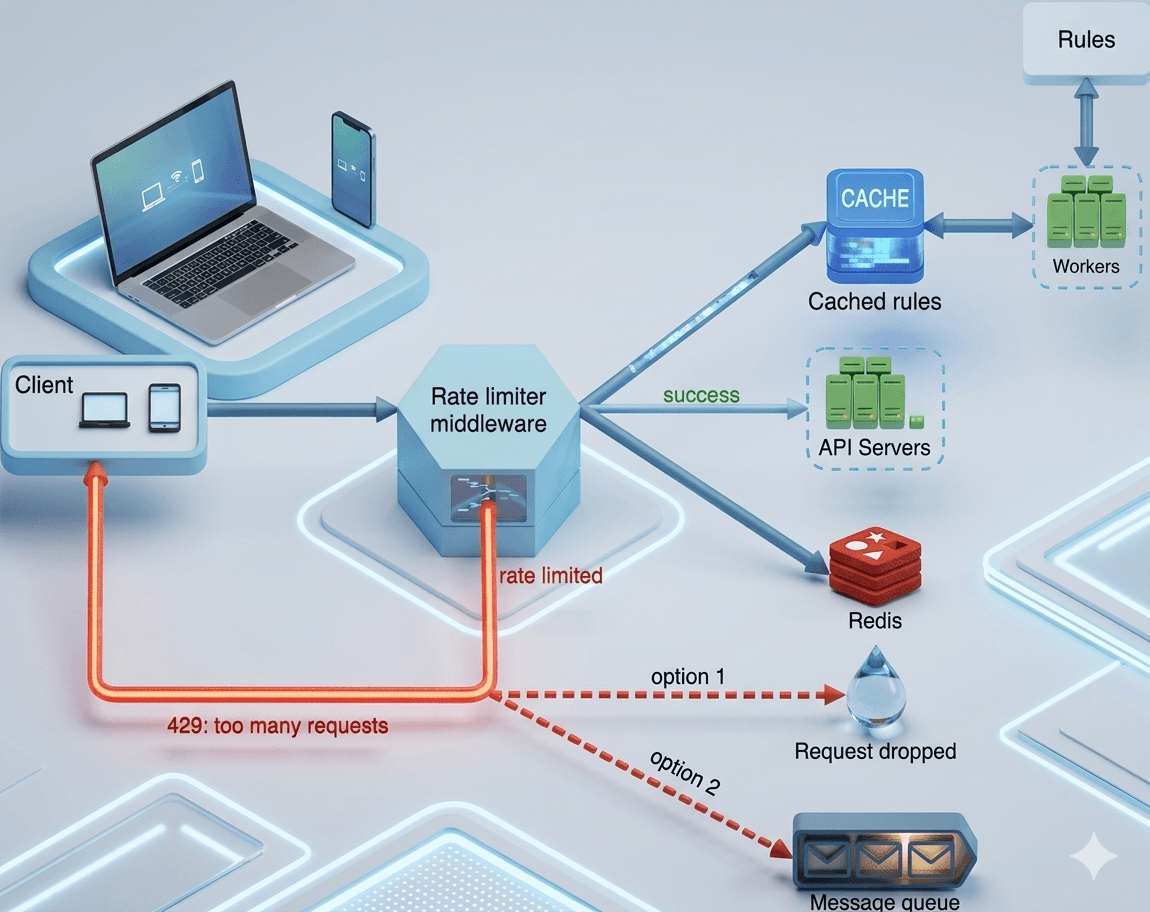 This 3D infographic illustrates a rate limiter system design where a central middleware manages traffic from clients by interacting with a rule-based cache, API servers, and a Redis database. The architecture displays a success path to API servers and three rate limited options: returning a 429 error to the client, dropping the request, or offloading it to a message queue.