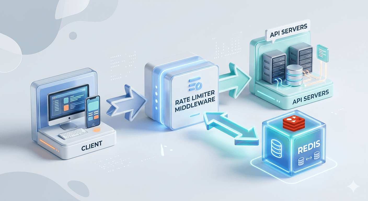 High-level architecture showing a client sending a request through rate-limiting middleware, which communicates with a Redis cache to check counters before forwarding the request to API servers.