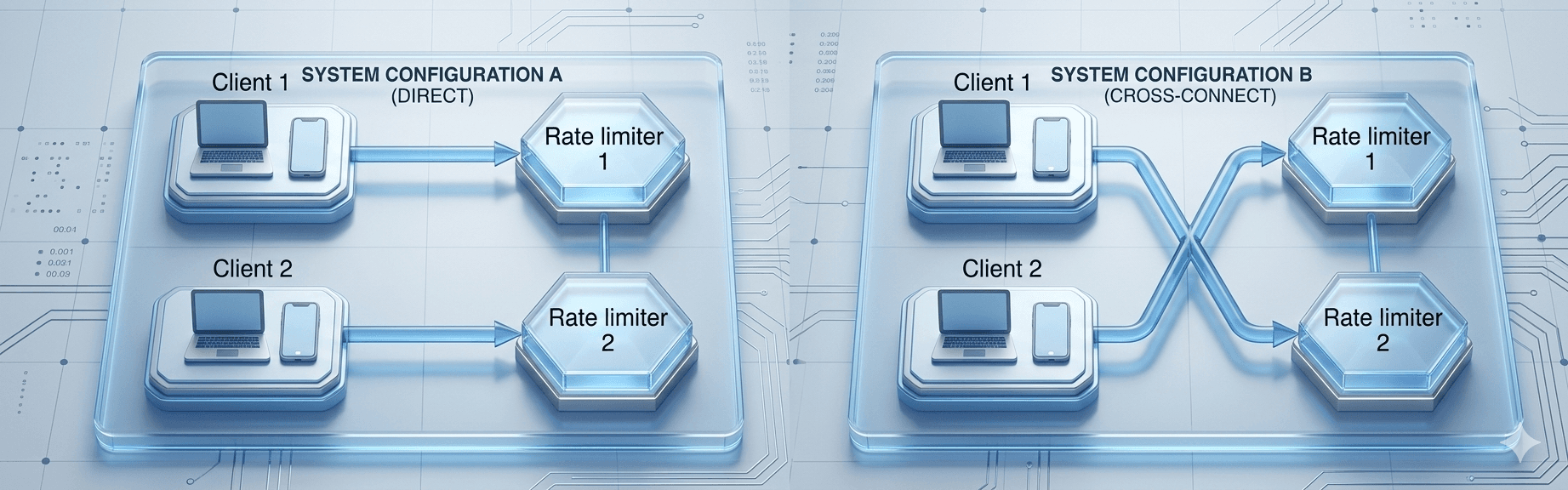 This 3D infographic compares two system configurations for rate limiting, showing System Configuration A with direct, dedicated paths between clients and individual rate limiters. In contrast, System Configuration B illustrates a cross-connect setup where requests from multiple clients are distributed across different rate limiter instances to represent a non-sticky session environment.
