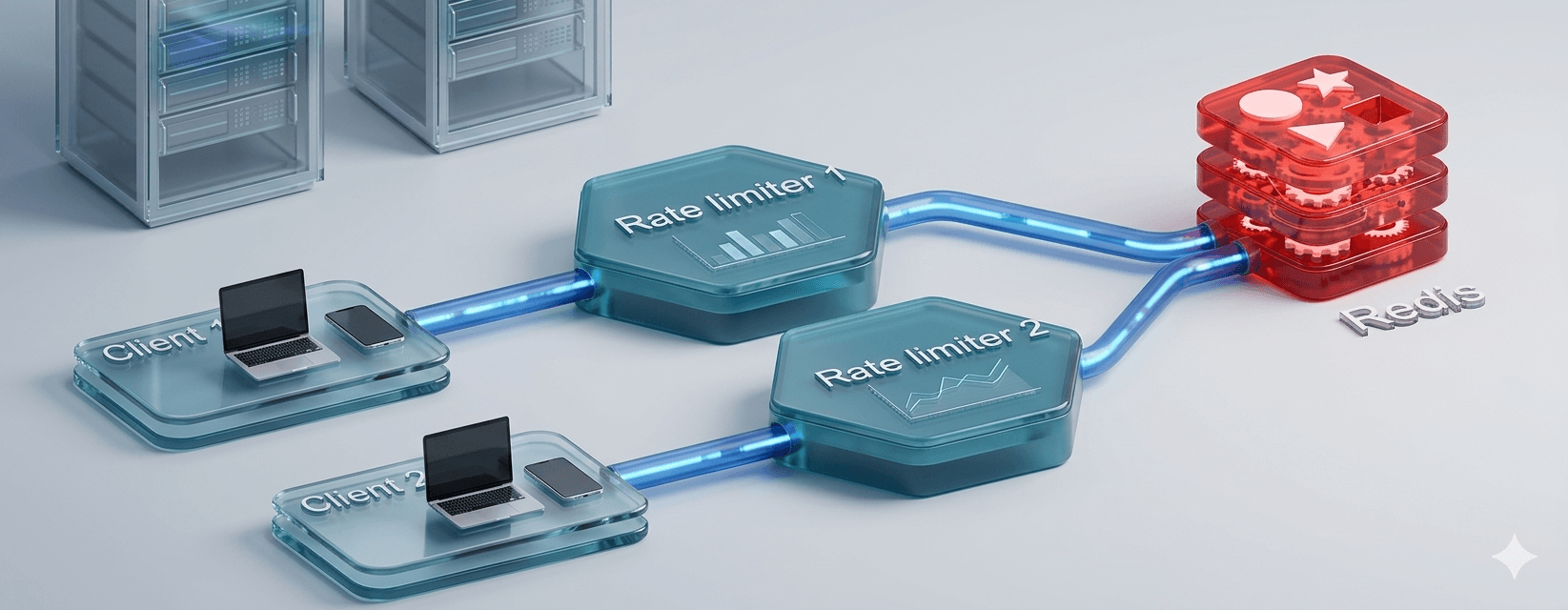 This 3D isometric infographic displays a centralized rate-limiting architecture where two separate clients route their requests through dedicated rate limiter middleware components. Both middleware instances are interconnected with a single, red Redis database to ensure a shared global state for request counters across the distributed system.