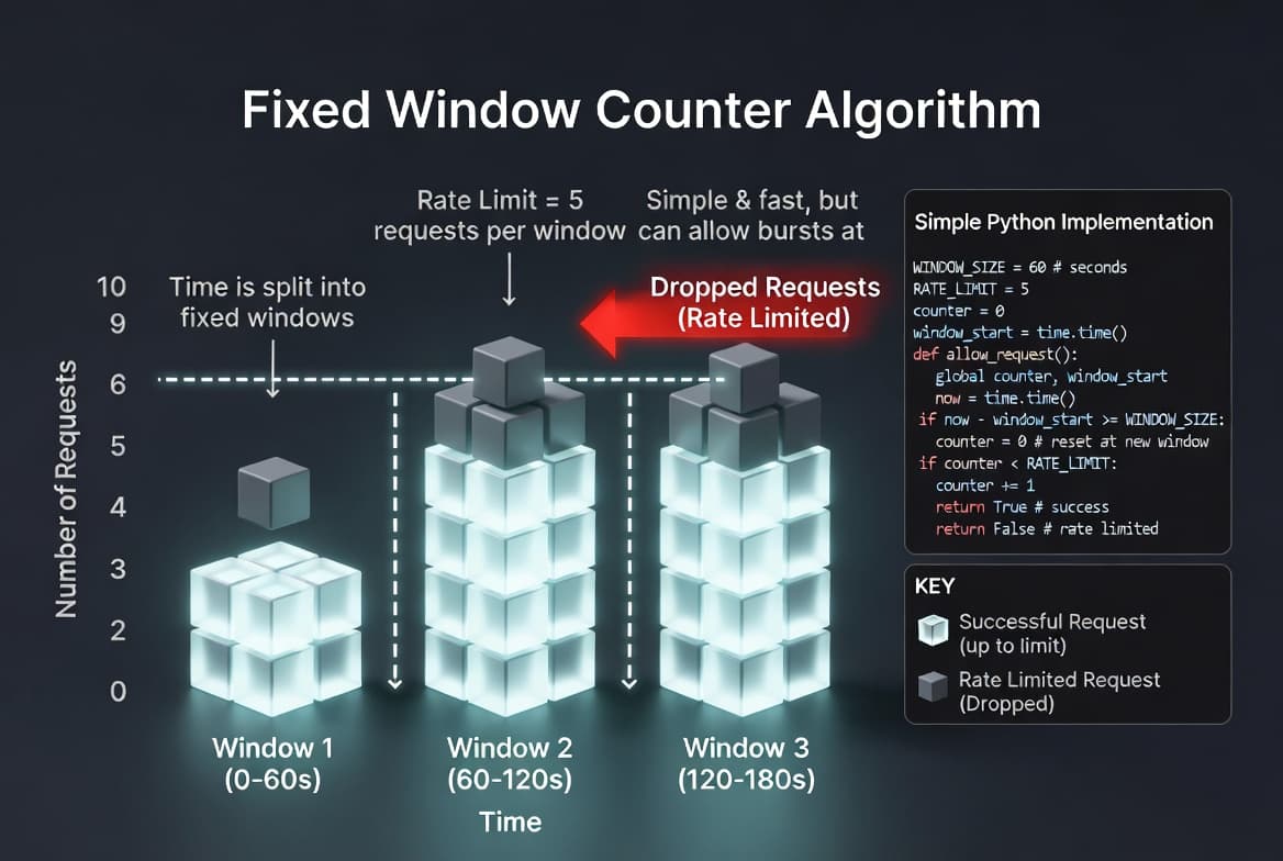 This infographic illustrates the Fixed Window Counter Algorithm, a rate-limiting method that divides time into set intervals to manage request volume. It uses a bar chart of three 60-second windows to show how requests are accepted up to a limit of five, while any additional attempts are labeled as Dropped Requests. A sidebar provides a Simple Python Implementation and notes that while the method is fast, it can inadvertently allow bursts of traffic at window boundaries.