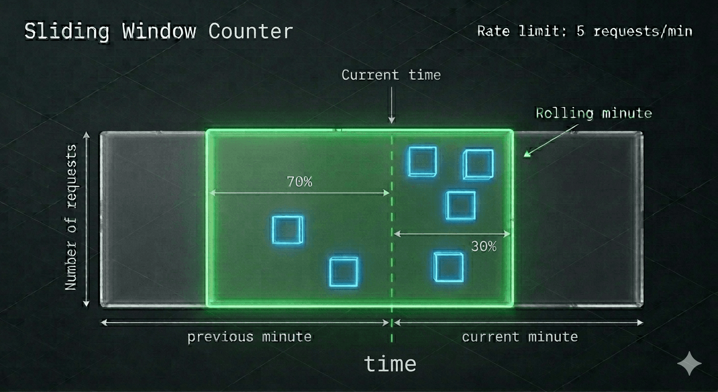 This 3D infographic, titled Sliding Window Counter, uses glowing green and blue glass elements on a dark grid to visualize a rate-limiting algorithm split between a previous and current minute. The Rolling minute window highlights a 70/30 distribution of five request cubes across a central Current time boundary to demonstrate how request limits are calculated over time.
