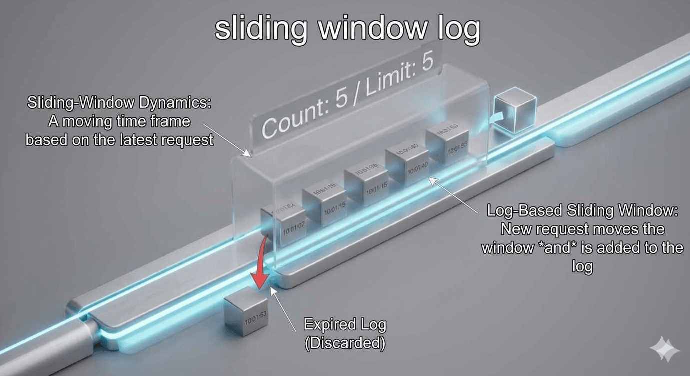 A 3D visualization showing a transparent sliding window moving along a metallic timeline to track request logs. As new requests enter the window on the right, old ones are discarded on the left to maintain a rate limit of five.