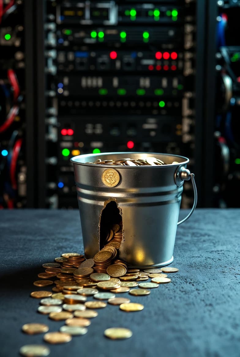A small metallic bucket with a hole near the bottom, overflowing with gold-colored coins onto a dark surface. In the background, a server rack with blinking lights is visible.