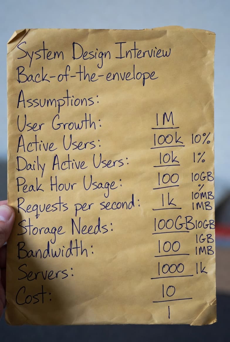 Handwritten notes titled 'System Design Interview Back-of-the-envelope Assumptions' listing metrics such as user growth, active users, requests per second, and storage needs.