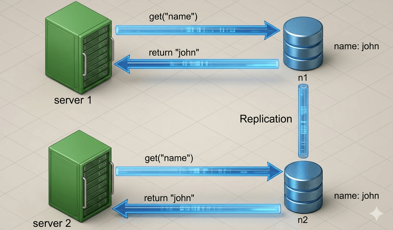 A diagram showing two servers, server 1 and server 2, retrieving the name john from two interconnected database nodes, n1 and n2, using get requests.