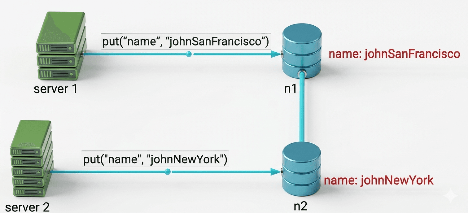 A diagram illustrating a write conflict where server 1 and server 2 simultaneously send different put requests to two interconnected database nodes, resulting in inconsistent name values.