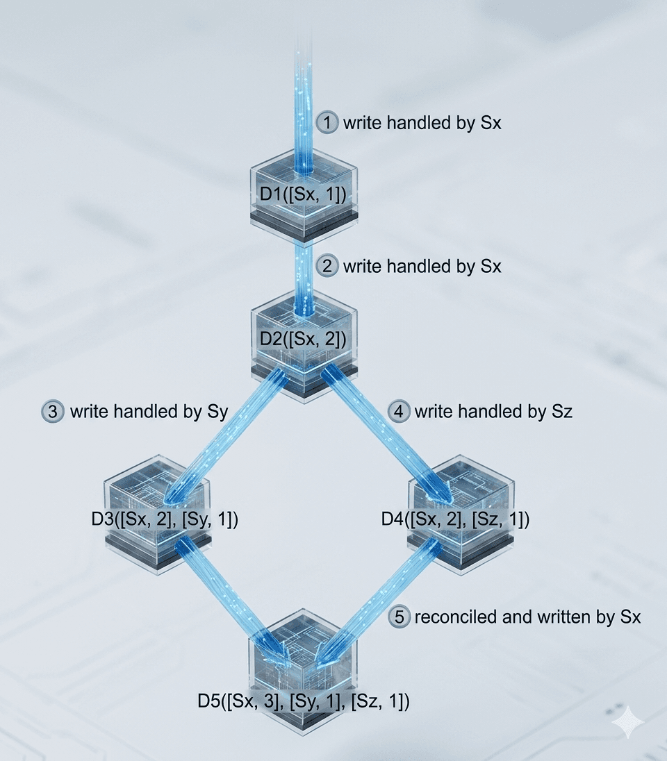 A flowchart illustrating versioning and conflict resolution in a distributed system using vector clocks to track and reconcile concurrent writes across multiple nodes.