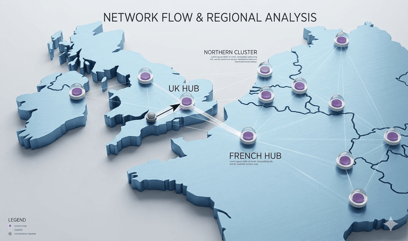 This 3D isometric map illustrates a network flow across Western Europe, featuring elevated blue landmasses and glowing purple nodes representing regional hubs. Interconnecting white lines link the nodes, with a prominent black arrow directing traffic from a central gray marker toward the primary UK Hub.