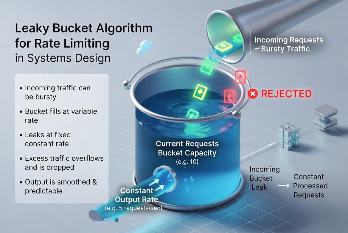 An infographic illustrating the Leaky Bucket Algorithm for Rate Limiting in Systems Design. It uses a visual metaphor of a water bucket being filled by a pipe and leaking from the bottom. Incoming Requests (represented by glowing cubes) enter the bucket at a bursty, variable rate. If the bucket reaches its capacity (e.g., 10 requests), additional incoming requests are labeled REJECTED and dropped. At the bottom, a Constant Output Rate (e.g., 5 requests/sec) ensures that processed requests flow out at a smooth and predictable pace.