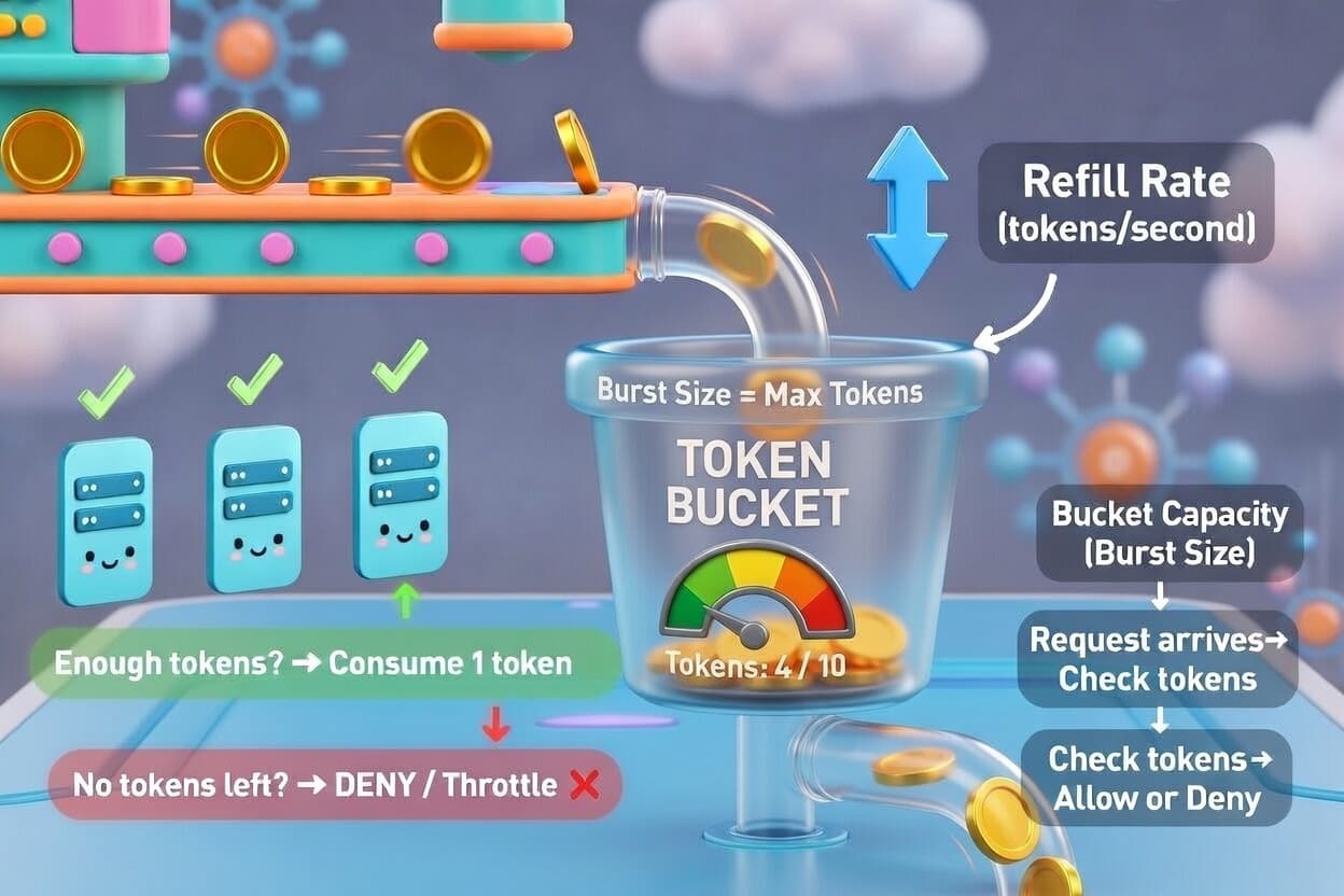 This 3D infographic illustrates the Token Bucket algorithm, showing tokens (gold coins) refilling a bucket at a set rate to manage incoming data requests. It visualizes how requests are either allowed by consuming a token or denied/throttled if the bucket is empty.