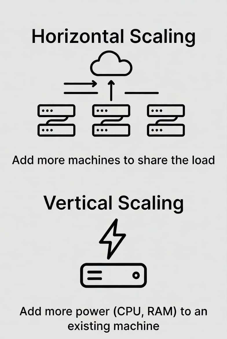 Illustration comparing vertical scaling (one powerful server) vs horizontal scaling (multiple smaller servers working together)
